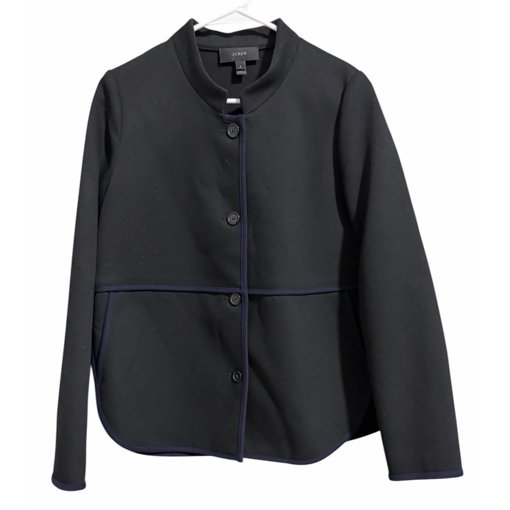 J.Crew Tipped Twill Jacket Black Navy Blue Trim Blazer Coat Women's Size 6